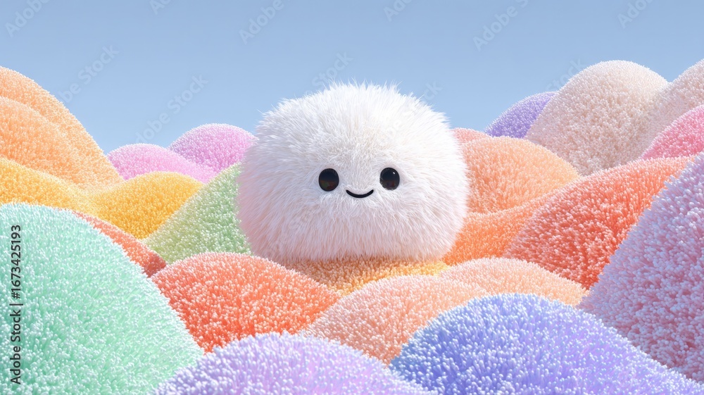 Fototapeta premium Smiling fuzzy white ball among colorful soft shapes. AI generated
