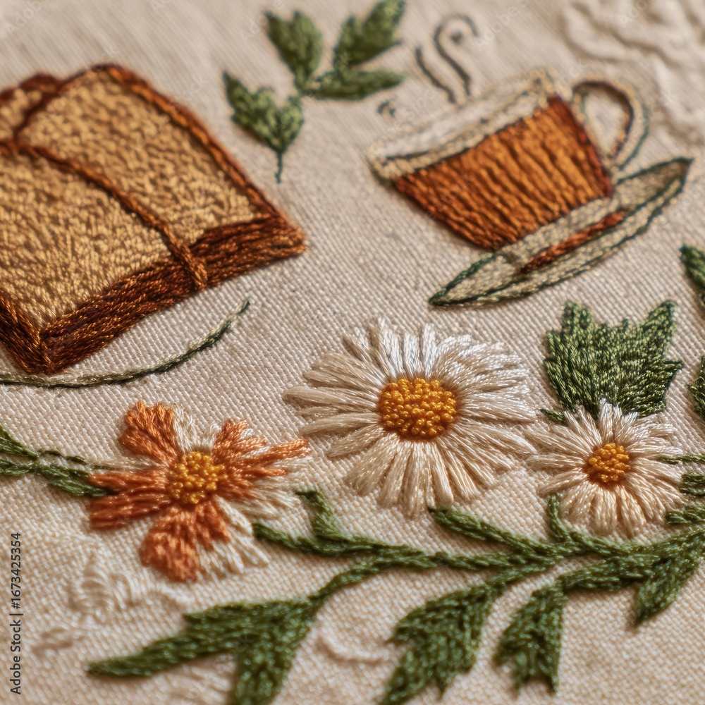 Obraz premium Embroidered Tea Time - Toast, Cup, and Daisies on Linen.