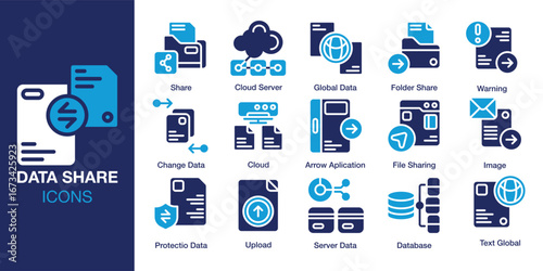 Data Share icon set. Containing data, share, cloud, upload, download, and more. Solid vector icons collection. Vector illustration.