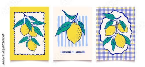 Vintage summer backgrounds with lemons and leaves. Hand drawn posters or postcards in blue and yellow. Modern summer graphic. Vector illustrations.
