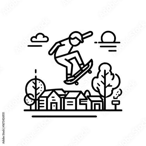 Skateboarder doing a trick over houses vector illustration extreme sport lifestyle and urban landscape design