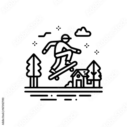 Skateboarding adventure outline vector illustration for extreme sports and outdoor activities concept design