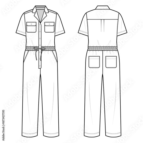 Technical flat sketch of Utility Jumpsuits. Button up overall with notch lapel-inspired collar and short sleeve. Flap patched pockets and drawstring details. Vector mock up Template. 
