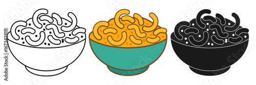 Mac and cheese outline, color, and silhouette in a Bowl vector illustration with creamy sauce