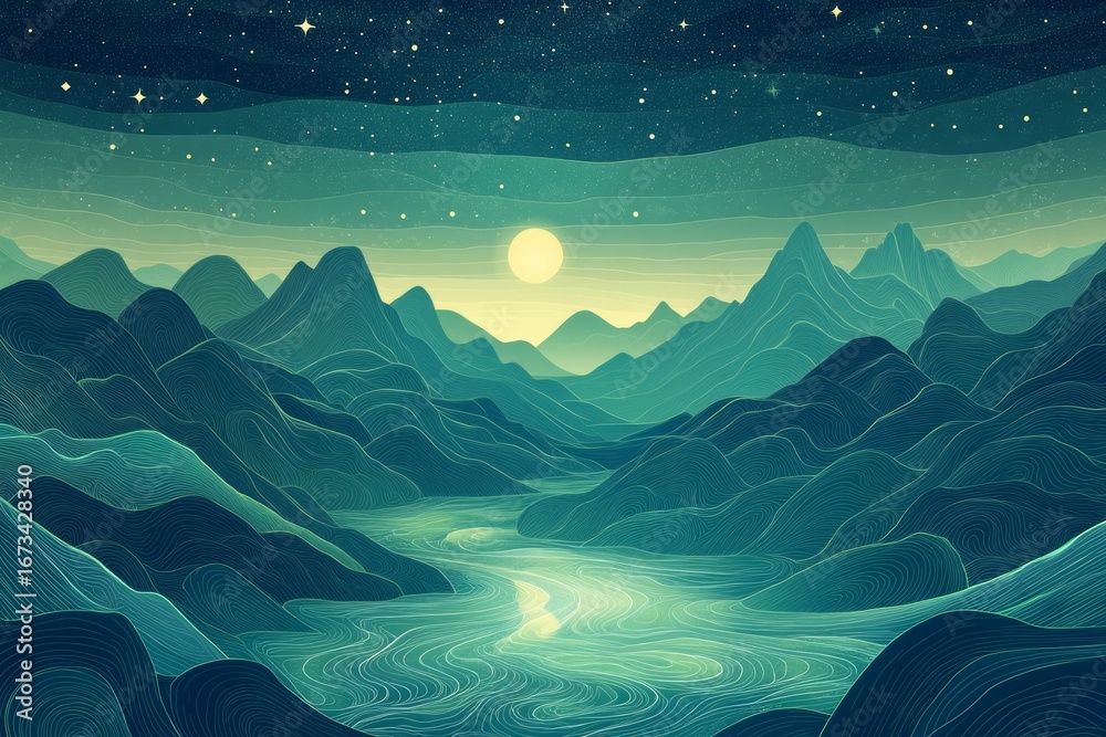 Obraz premium Enchanted landscape night scene with planets and moons. AI generative
