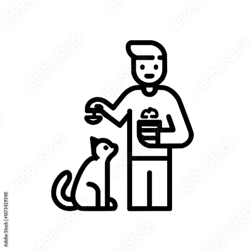 Man feeding cat icon vector illustration pet care and animal love and affection simple outline design 100 chars