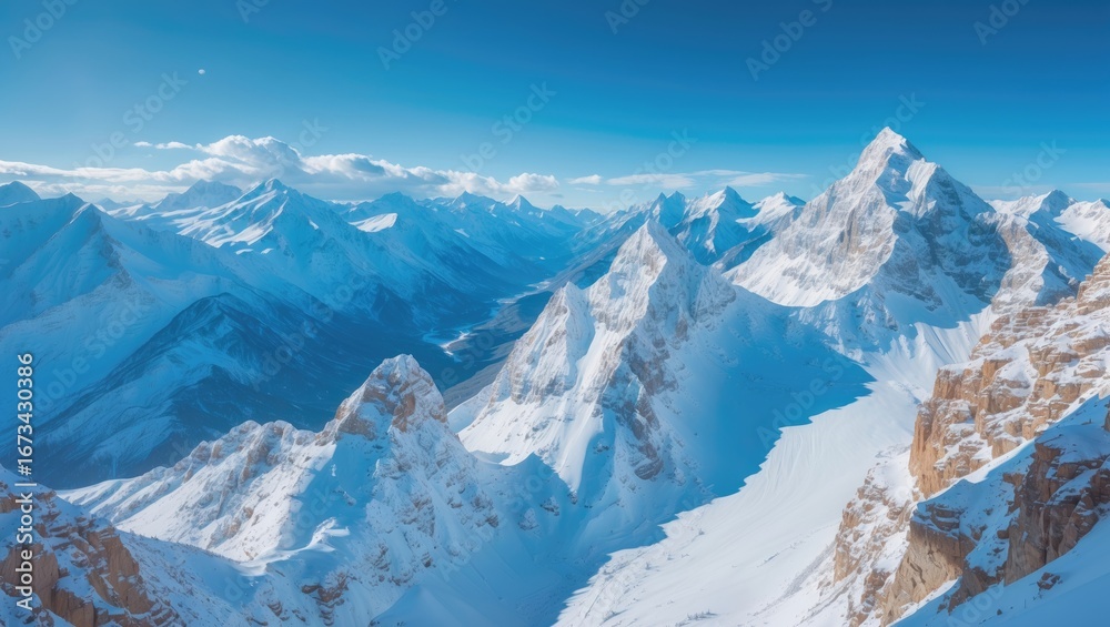 Fototapeta premium Snow-covered mountain range with peaks and valleys in the Himalayas.