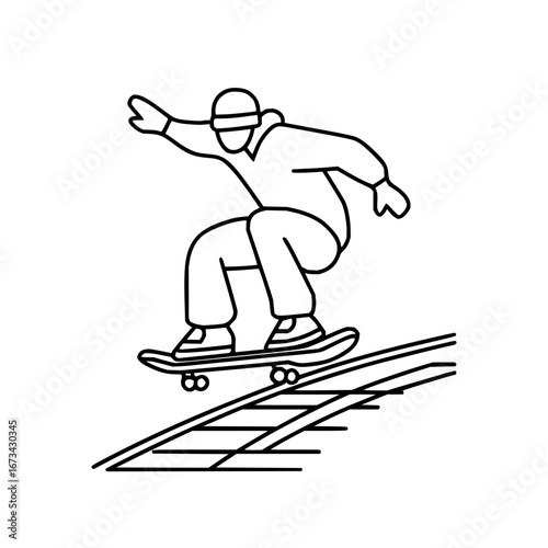 Skateboarder outline doing a trick on a skateboard ramp vector illustration for extreme sports design