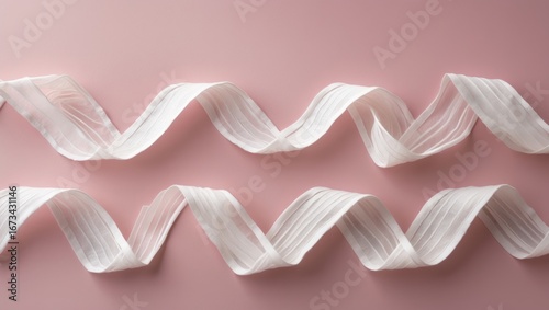 A decorative ribbon with wavy design on a pink background.