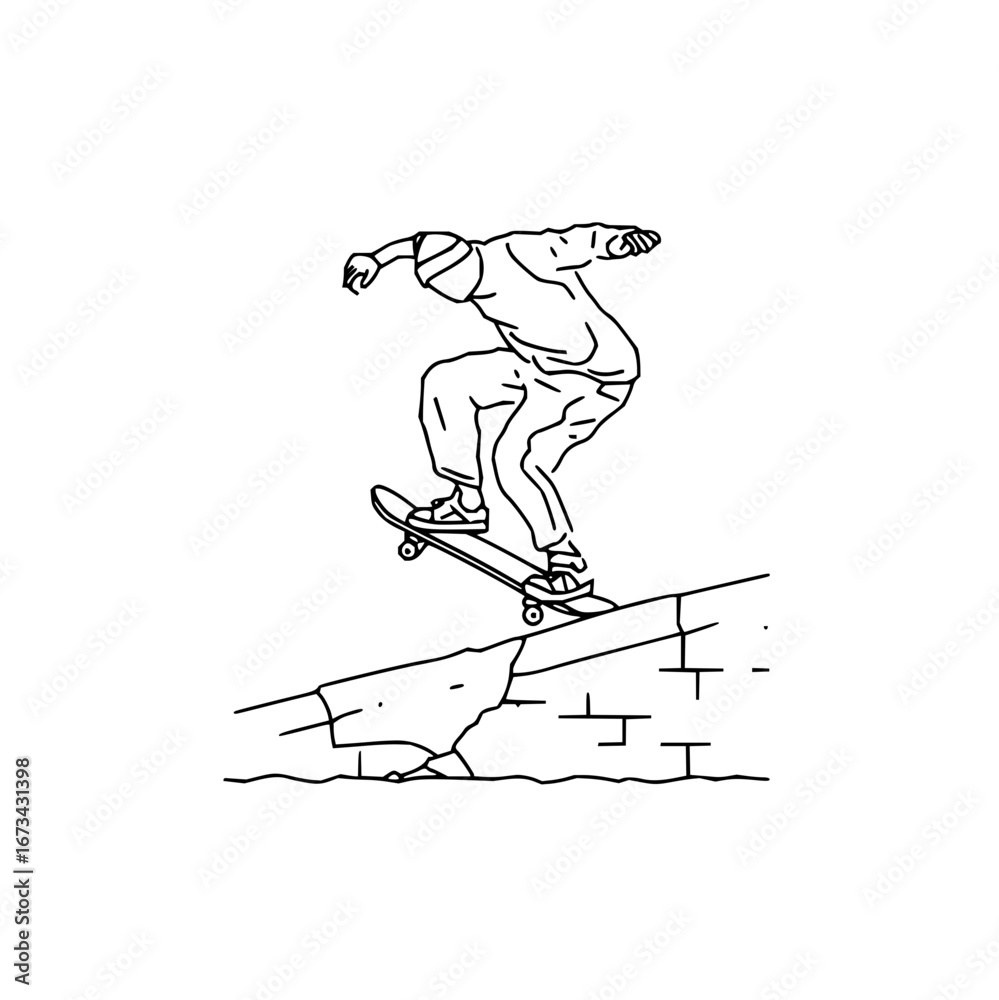 Obraz premium Skateboarder doing a trick on a ledge black and white line art vector illustration street skateboarding design