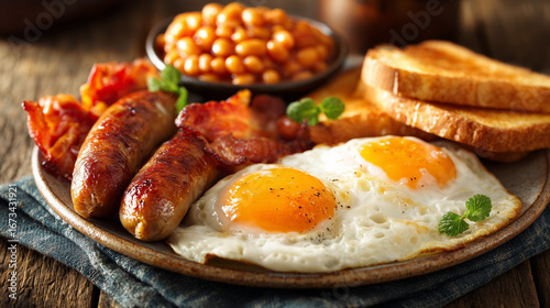 Photos A hearty classic English breakfast is beautifully served on a rustic plate