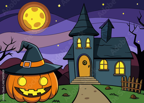 Spooky Halloween night scene with illuminated pumpkin and witch's hat house