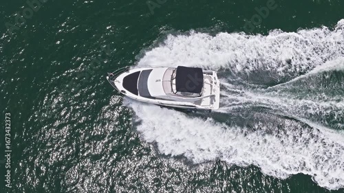 Wallpaper Mural Motorboat aerial top view. Luxury boat motor yacht at sea. Yachting boat tourism. Luxury lifestyle. Vacation on summer. Yacht at sea. Motorboat yacht sailing at sea. Open water Torontodigital.ca