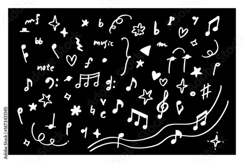 黒背景に映える白ラインの音符と楽譜記号セット — 手描き風のモノクロ音楽イラスト