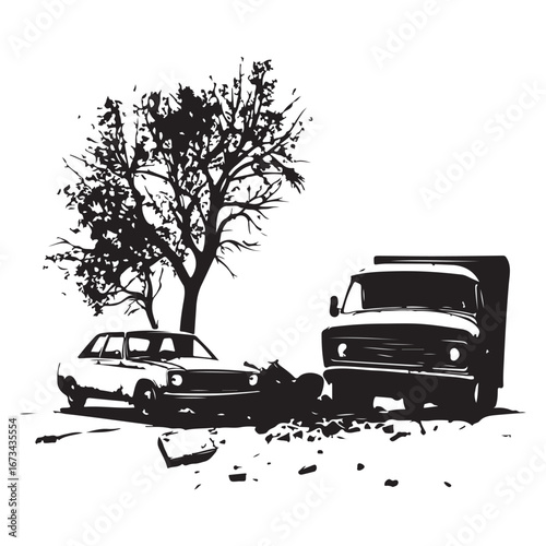 Two cars colliding, against a white background. Vector illustration