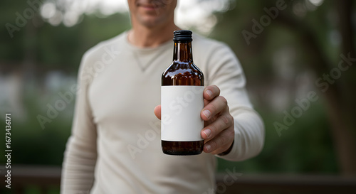 Man holds amber glass bottle with blank label forward, ready for product branding and promotion