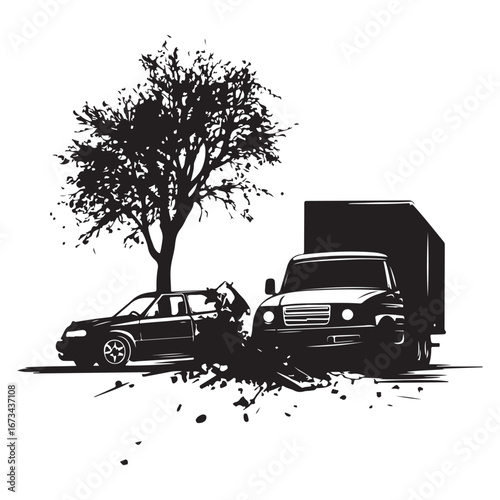 Two cars colliding, against a white background. Vector illustration