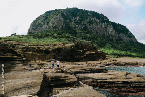 Scenery around Yongmeori Coast(Dragon head coast), a tourist attraction famous for Multistory layered rough and strange sedimentary rocks in Jeju Island, South Korea.