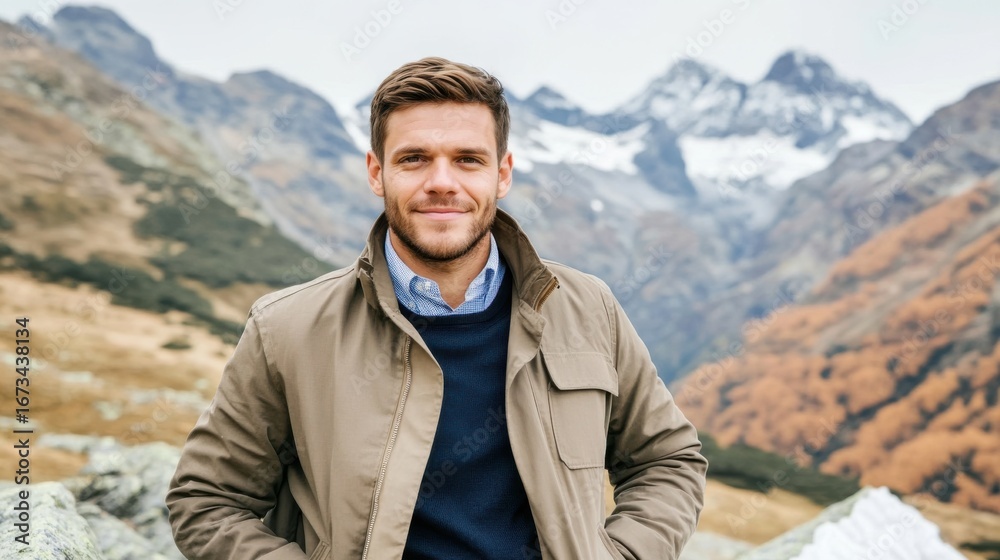 Naklejka premium Man standing against rugged mountain backdrop.
