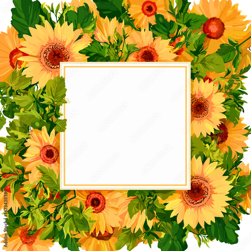 Obraz premium This beautiful illustration features a vibrant and elegant floral border made up of bright sunflowers and delicate yellow blooms. The lush green leaves surround the golden sunflowers, creating a livel