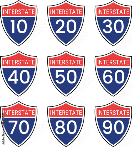 Set of US Interstate highway shields on transparent background