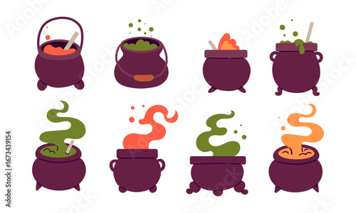 Magic cauldron with witch potion Halloween black pot. Alchemy old cauldron with poison with bubbles green purple orange color icon set isolated on white background. Flat cartoon vector illustration.