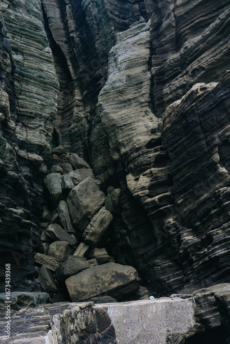Scenery around Yongmeori Coast(Dragon head coast), a tourist attraction famous for Multistory layered rough and strange sedimentary rocks in Jeju Island, South Korea.