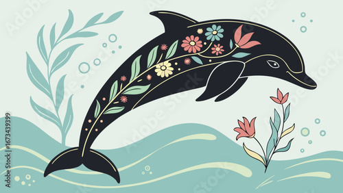 Stylized Black Dolphin with Floral Ornaments.