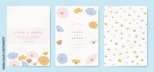 Wedding invitation card background vector. Minimal pastel hand drawn flower and flower pattern. Card template Design for wedding, vip cover template, rsvp modern card, poster.