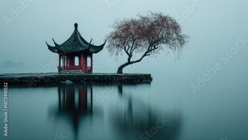 Wallpaper Mural Misty lake, serene pavilion, tranquil scene Torontodigital.ca