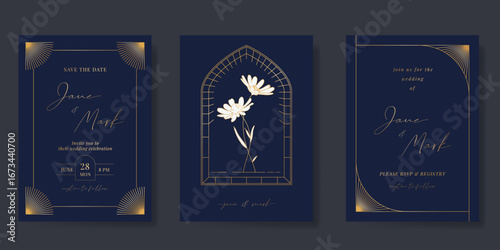 Wedding invitation card background vector. Luxury art deco frame and hand drawn gold flower. Navy blue card template design for wedding, vip cover template, rsvp modern card, poster.