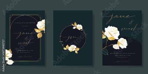 Wedding invitation card background vector. Luxury art deco frame and hand drawn gold  flower. Green card template design for wedding, vip cover template, rsvp modern card, poster.