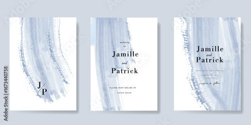 Wedding invitation card background vector. Blue Minimal hand drawn watercolor paint. Beautiful card template design for wedding, vip cover template, rsvp modern card, poster.