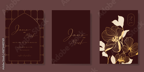 Wedding invitation card background vector. Luxury art deco frame and hand drawn gold flower. Red card template design for wedding, vip cover template, rsvp modern card, poster.