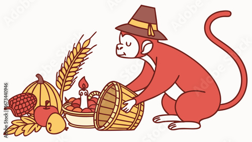 Cute Mischievous  Gibbon in a Thanksgiving world – Grateful Harvest palette vector