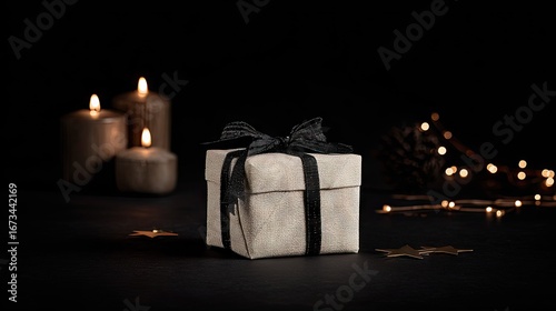 Dark, elegant gift with candles and lights