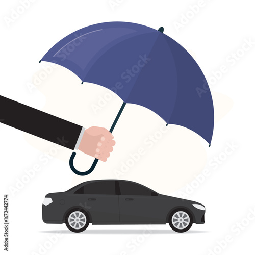 Car insurance concept. Umbrella protects automobile. Insurance policy. Car assurance, clerk or agent hand holding umbrella above modern black auto.