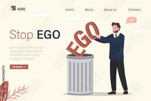 Stop EGO, landing page template. Businessman throw ego into trash can. Egoism avoidance. Male character get rid of Ego as bad habit. Person develop and improve his nature