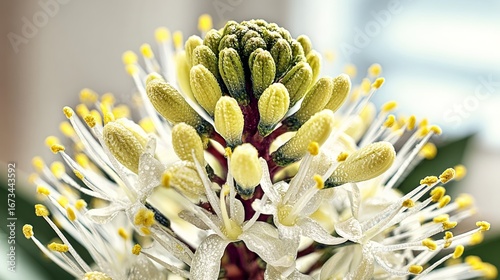 Blooming dracaena flowers showcase delicate cream blossoms on a tall spike in a minimalist setting with natural light