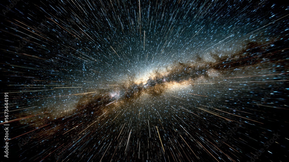 Obraz premium Star trails converging into a radiant point, piercing through the Milky Way in long exposure. 