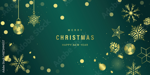 Christmas and Happy Holidays background design vector. Pine cone, bauble ball, ornament, snowflake, bokeh on green background. Winter Design for Season's Greeting, Christmas, cover, banner, ads.
