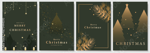 Christmas and Happy Holidays invitation card design vector. Christmas tree, pine leaves, snowflake, house on green background. Winter Design for Season's Greeting, Christmas, cover.