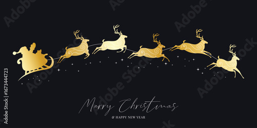 Christmas and Happy Holidays background design vector. Santa sleigh reindeer on dark background. Winter Design for Season's Greeting, Christmas, cover, banner, ads.