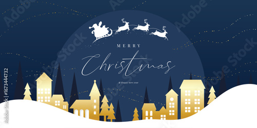 Christmas and Happy Holidays background design vector. Christmas tree, house, santa sleigh reindeer on navy blue background. Winter Design for Season's Greeting, Christmas, cover, banner, ads.