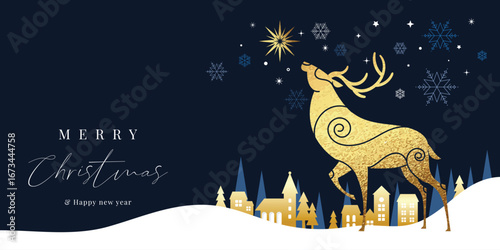 Christmas and Happy Holidays background design vector. Reindeer, house, tree, snowflake on navy blue background. Winter Design for Season's Greeting, Christmas, cover, banner, ads.