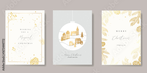 Christmas and Happy Holidays invitation card design vector. Christmas bauble ball, ornament, pine leaves, pine cone, house on white background. Winter Design for Season's Greeting, Christmas, cover.