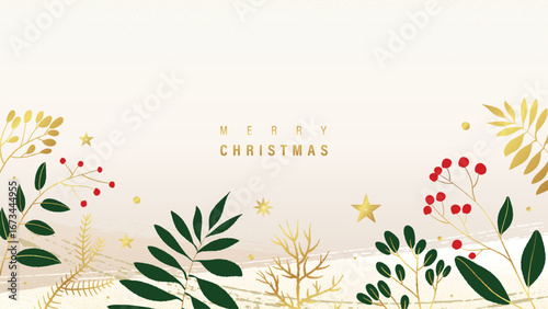 Christmas and Happy Holidays background design vector. Pine leaves, holly, stalk, star on light background. Winter Design for Season's Greeting, Christmas, cover, banner, ads.