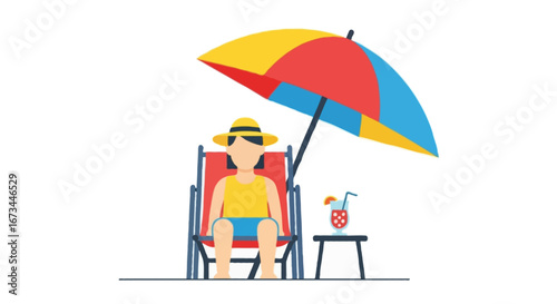 Flat vector illustration of person relaxing on beach chair with umbrella and drink. Minimalist flat design, bright solid colors, isolated on white background