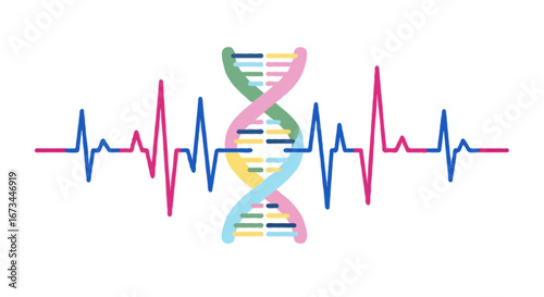 Flat vector illustration of DNA helix combined with heartbeat line, representing futuristic medical technology. Minimalist flat style, pastel and bold color mix, clean vector shapes, isolated on white