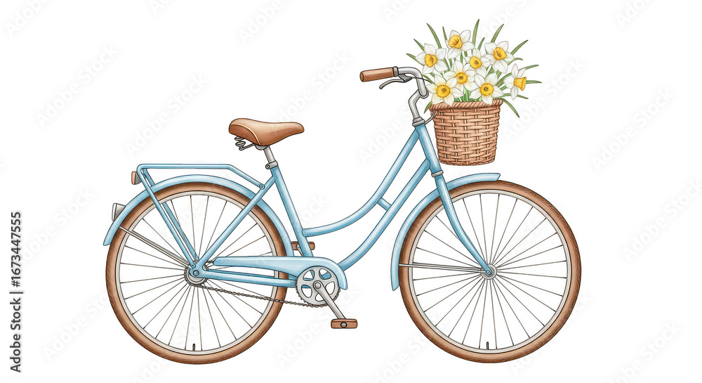 Fototapeta premium Blue Bicycle With Daffodils In Basket